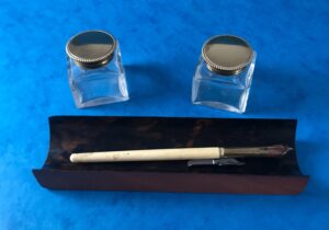 Victorian 1850 Agate and Brass Bound Alabaster Stationery Pen