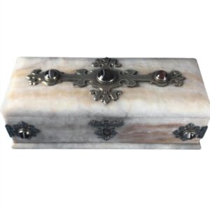 Victorian 1850 Agate and Brass Bound Alabaster Stationary Box